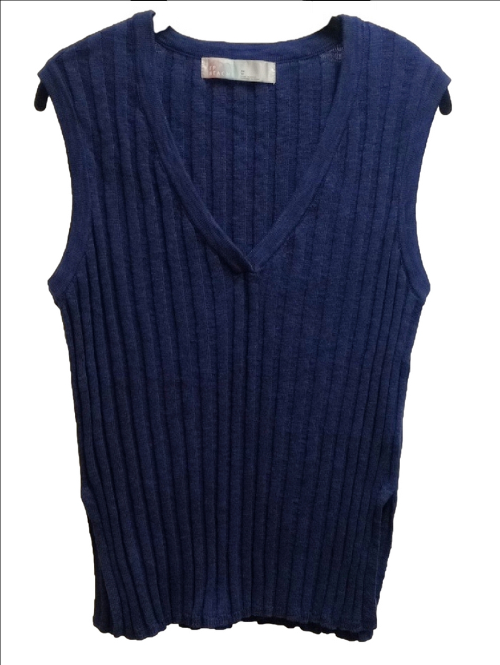 🆕 FREE PEOPLE BEACH VEDA NAVY BLUE LINEN BLEND V-NECK  RIBBED SWEATER VEST - Picture 3 of 10